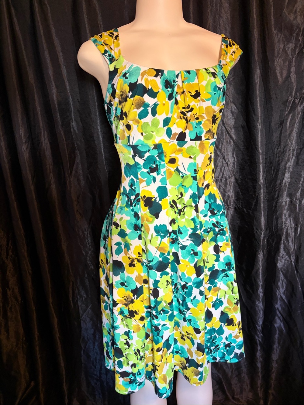 Maggy London Yellow, Teal & Green Floral Midi Dress